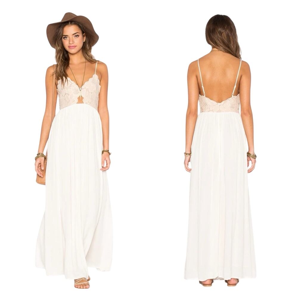 Tularosa Bryce Open Back Maxi Dress Size M Floral Lace Crepe Boho Coastal Party